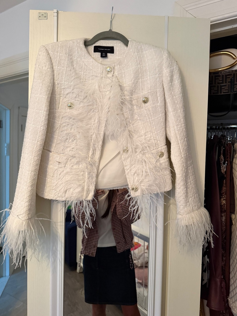 Karen Millen Ivory Feather-Trim Bouclé Blazer